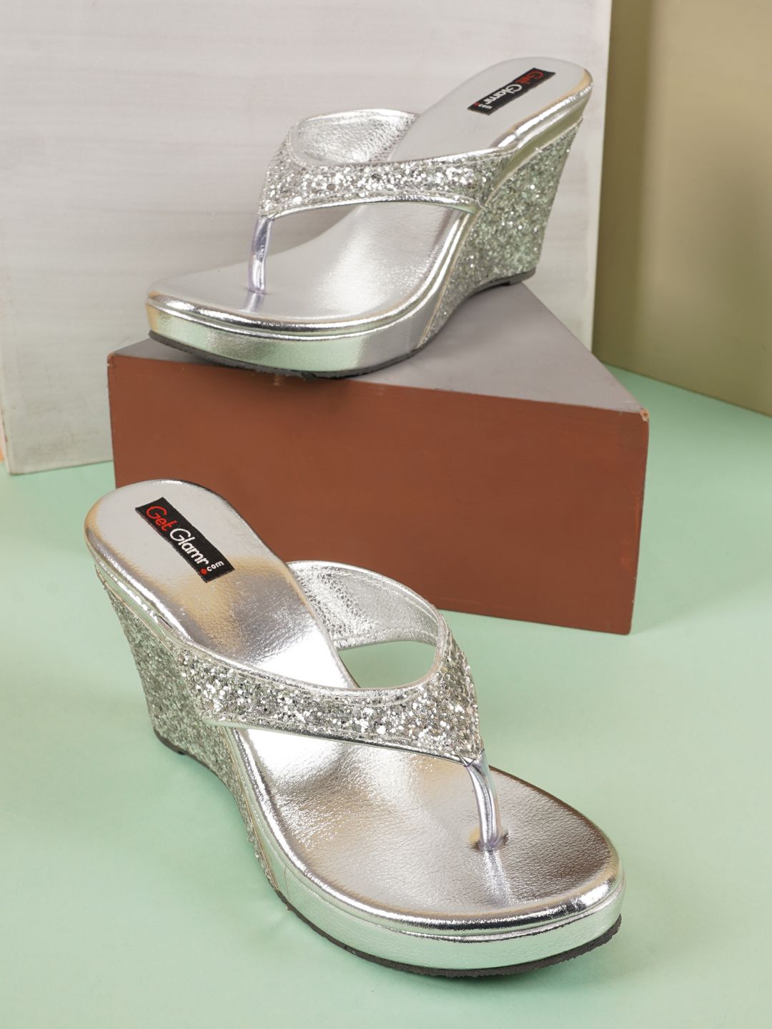 Get Glamr Silver Embellished Wedge Sandals Price in India
