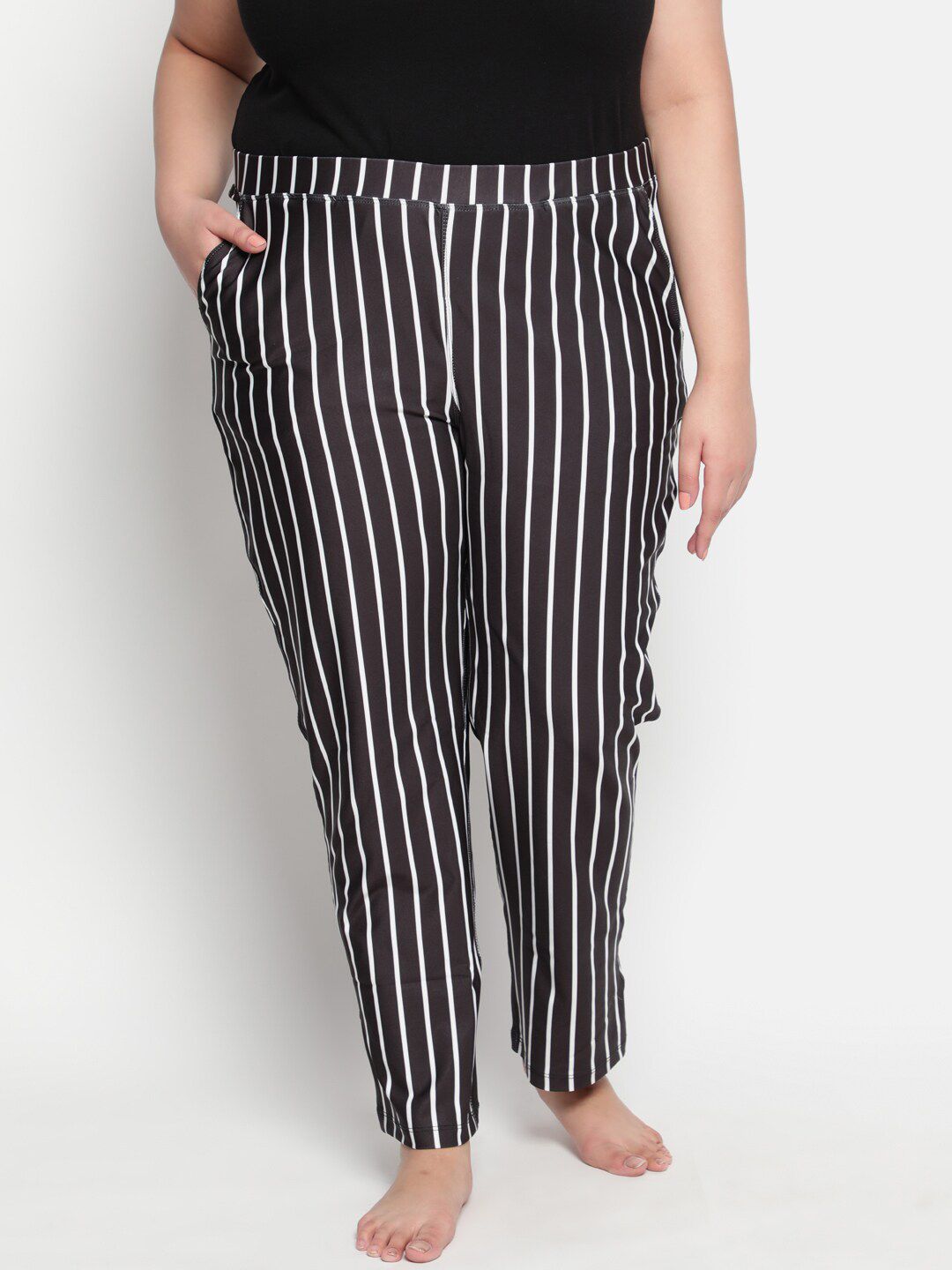 Amydus Women Plus Size Black & White Striped Straight-Fit Lounge Pants Price in India