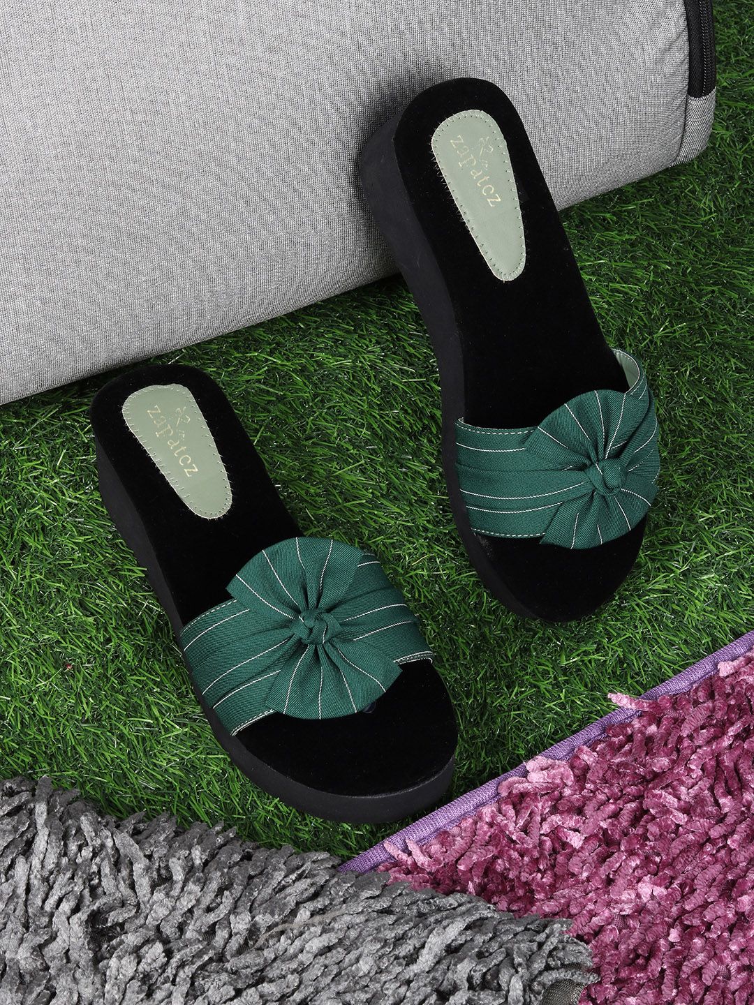 ZAPATOZ Green Colourblocked Slim Heeled Mules with Bows Price in India