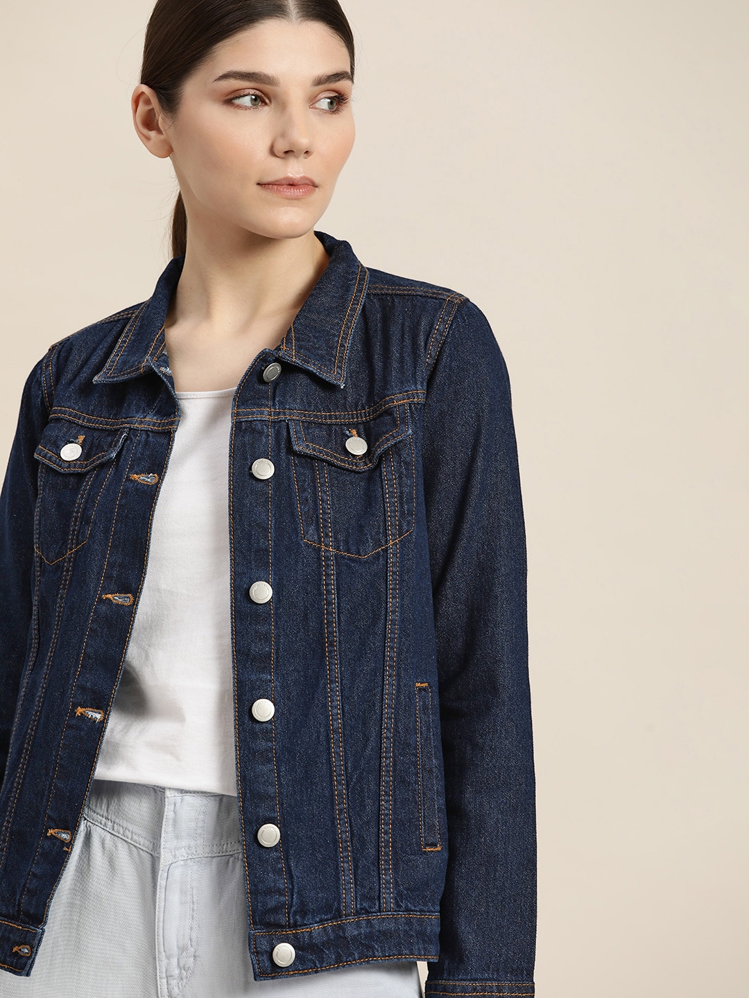 ether Women Navy Blue Solid Pure Cotton Denim Jacket Price in India