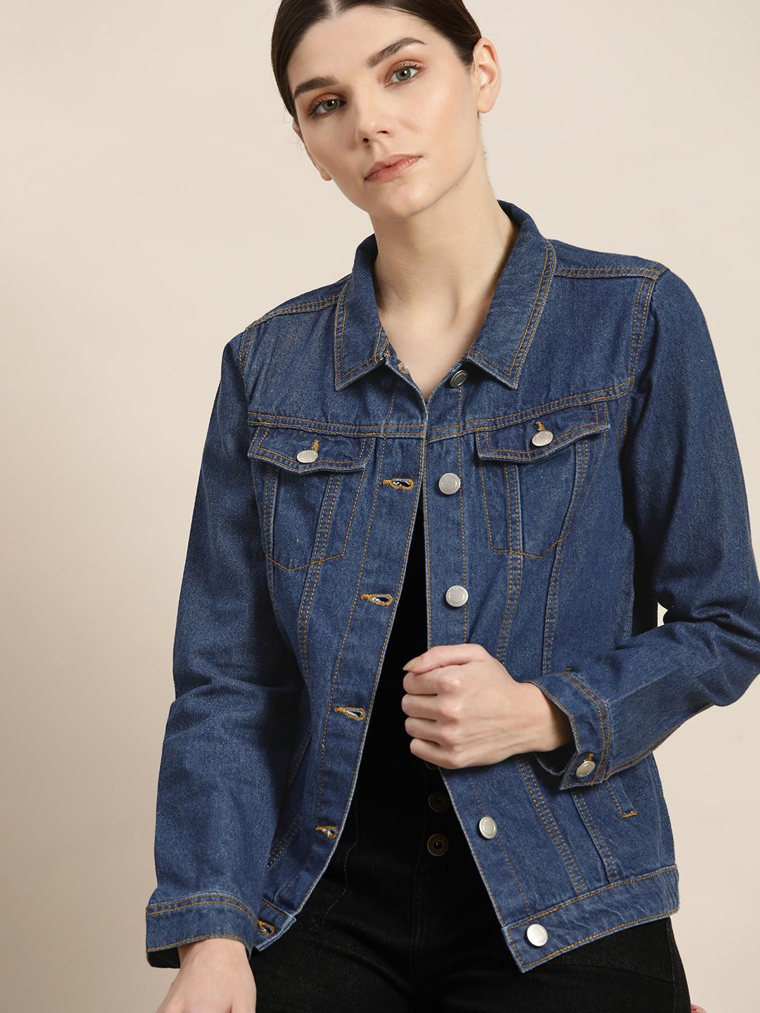 ether Women Blue Solid Pure Cotton Denim Jacket Price in India