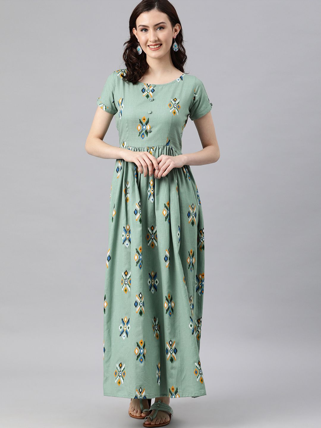 Swishchick Teal Green Ethnic Motifs Printed Maxi Dress Price in India