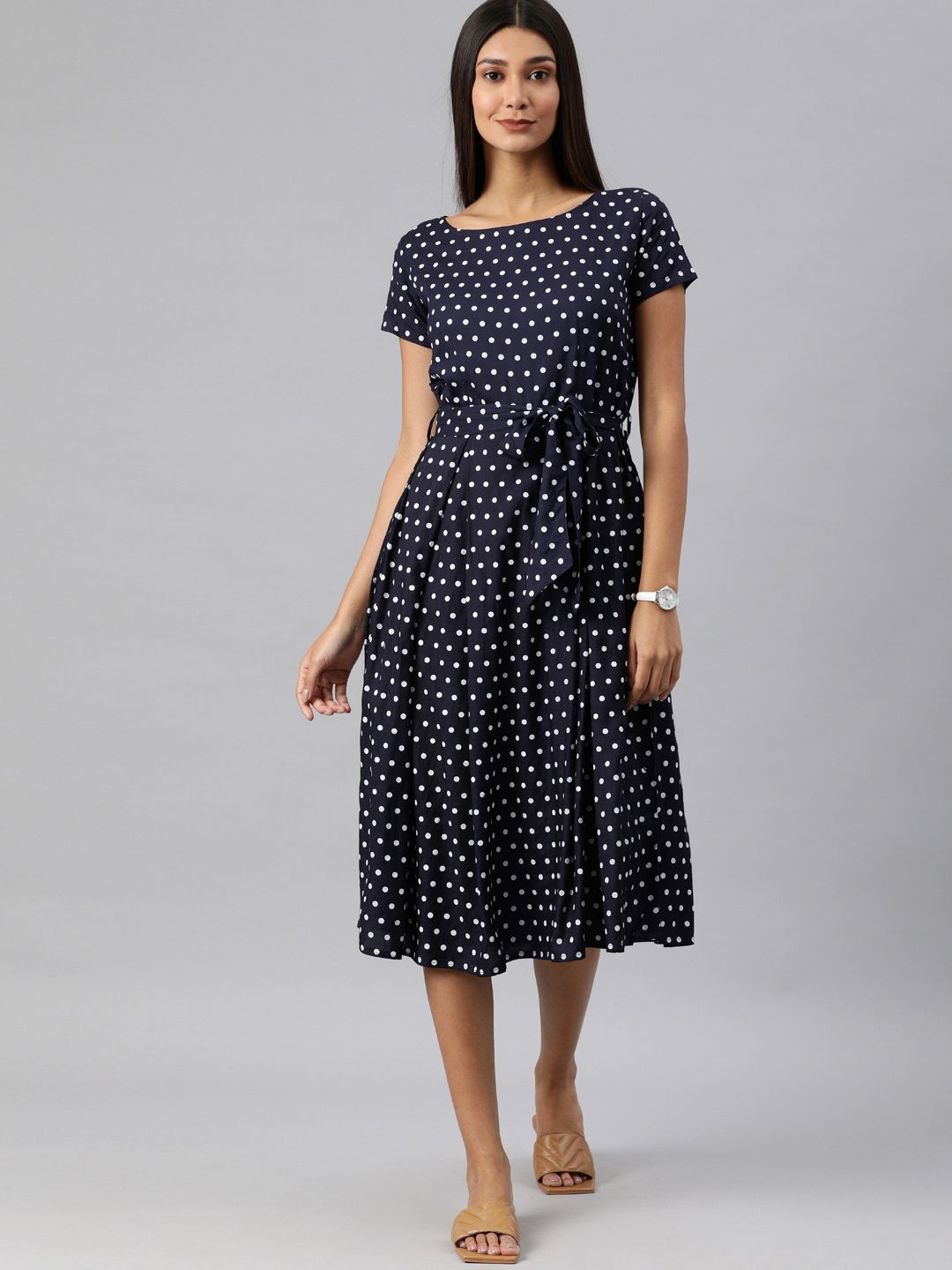 Swishchick Navy Blue Polka Dot Printed A-Line Midi Dress With Fabric Belt Price in India