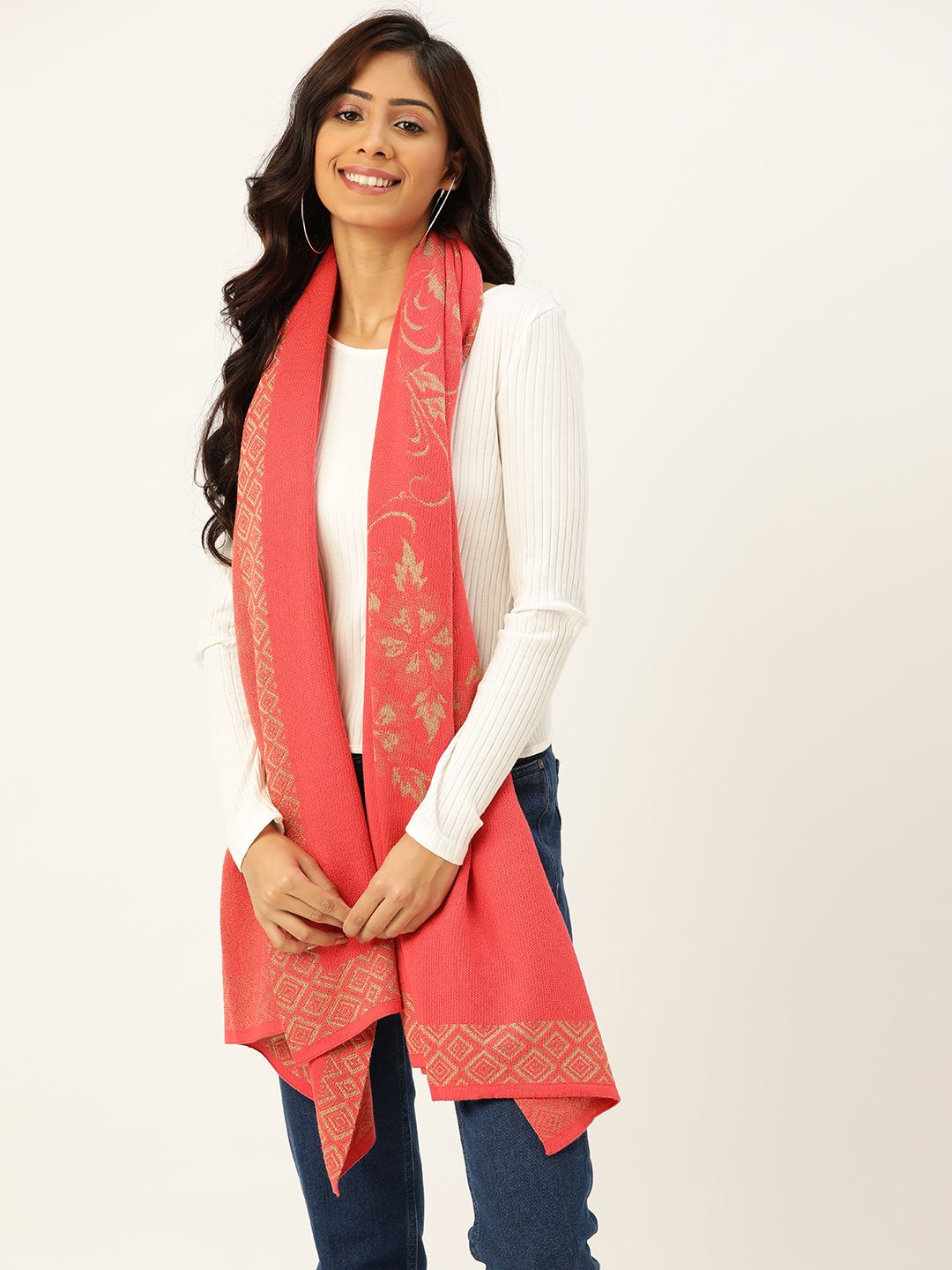 American Eye Women Coral Pink & Beige Woven-Design Winter Stole Price in India