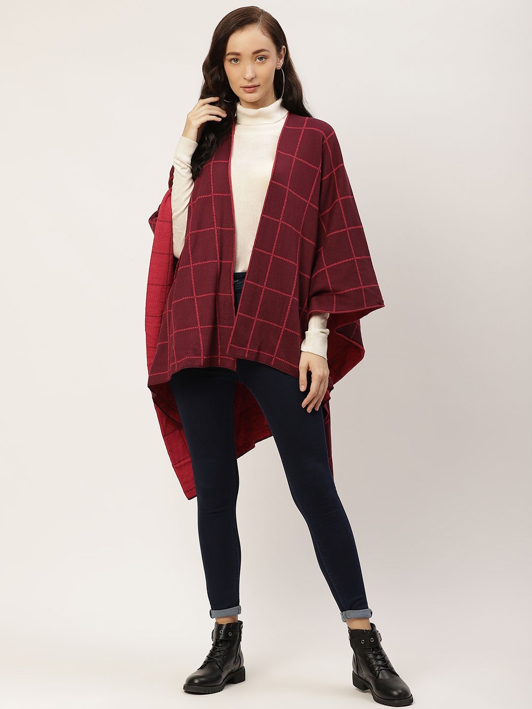 American Eye Women Maroon Checked Open-Front Longline Shrug Price in India