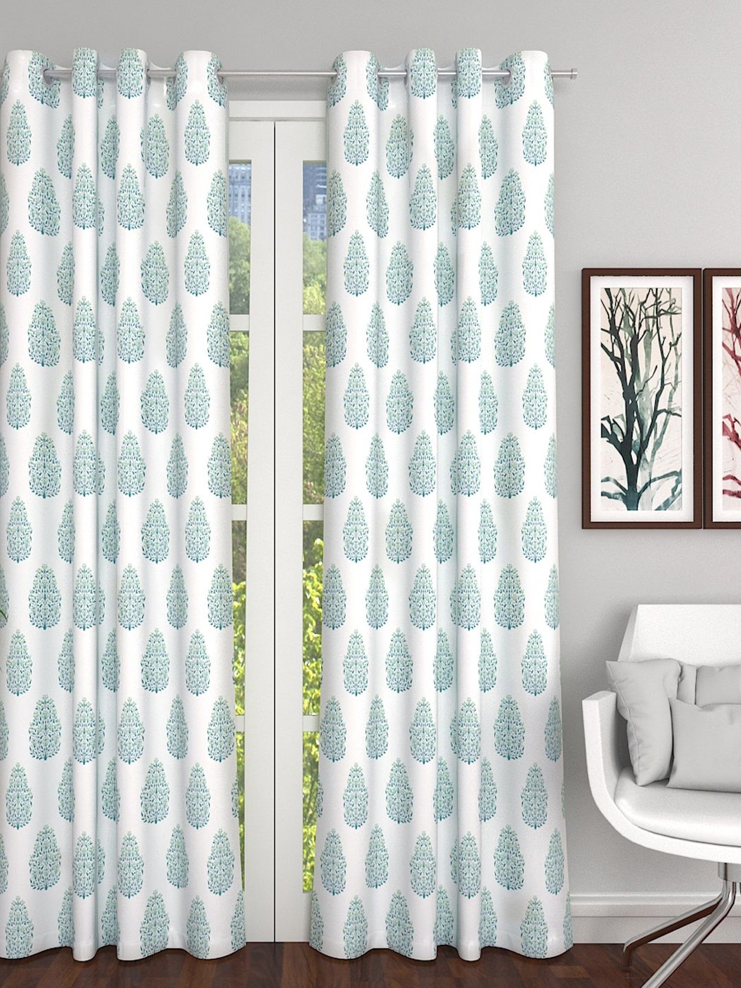 Soumya White & Green Single Floral Sheer Long Door Curtain Price in India