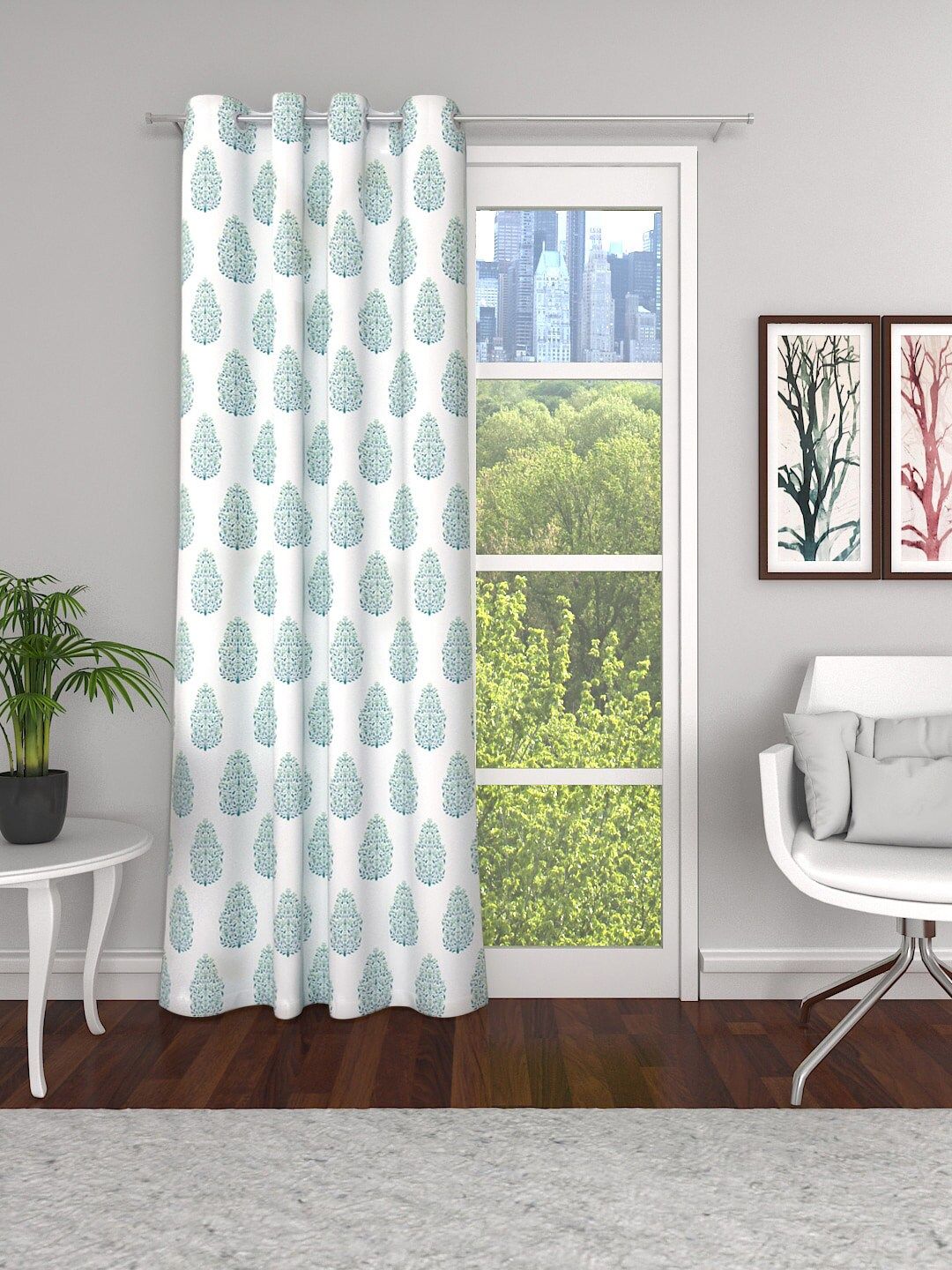 Soumya White & Green Floral Semi Sheer Door Curtain Price in India