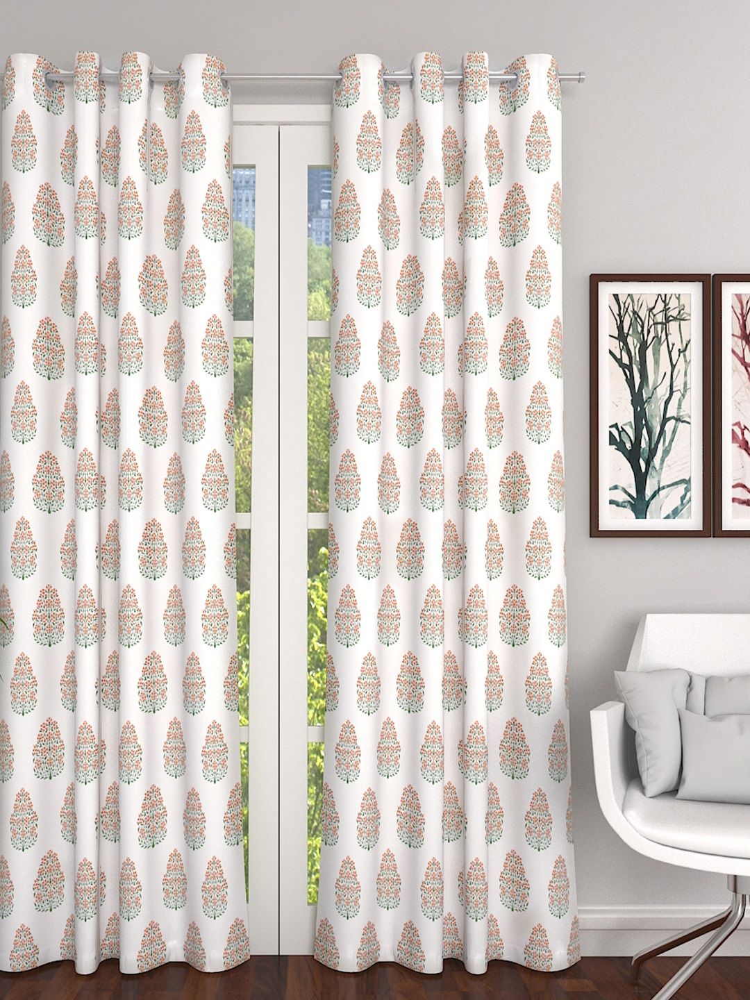 Soumya White & Orange Lightweight Floral Sheer Long Door Curtain Price in India