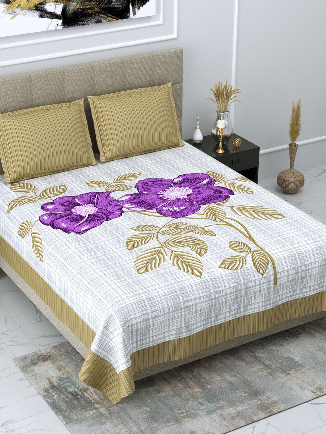 DREAM WEAVERZ White & Purple Floral Glazed Cotton 220 TC King Bedsheet with 2 Pillow Covers Price in India