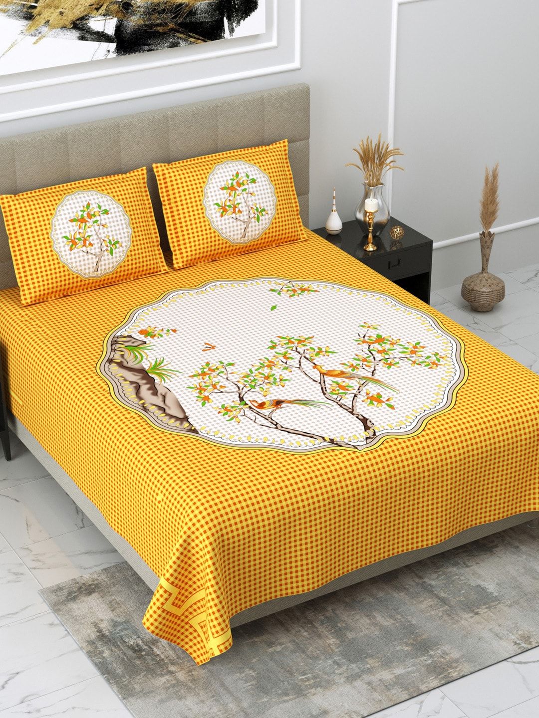 DREAM WEAVERZ Yellow & White Floral 220 TC Glazed Cotton King Bedsheet with 2 Pillow Covers Price in India