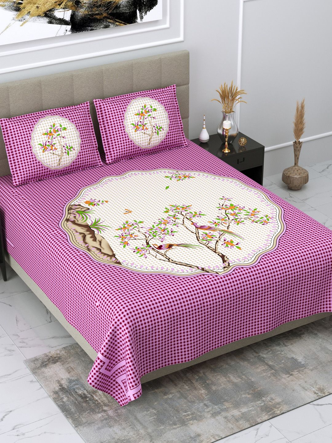 DREAM WEAVERZ Purple & White Floral Glazed Cotton 220 TC King Bedsheet with 2 Pillow Covers Price in India