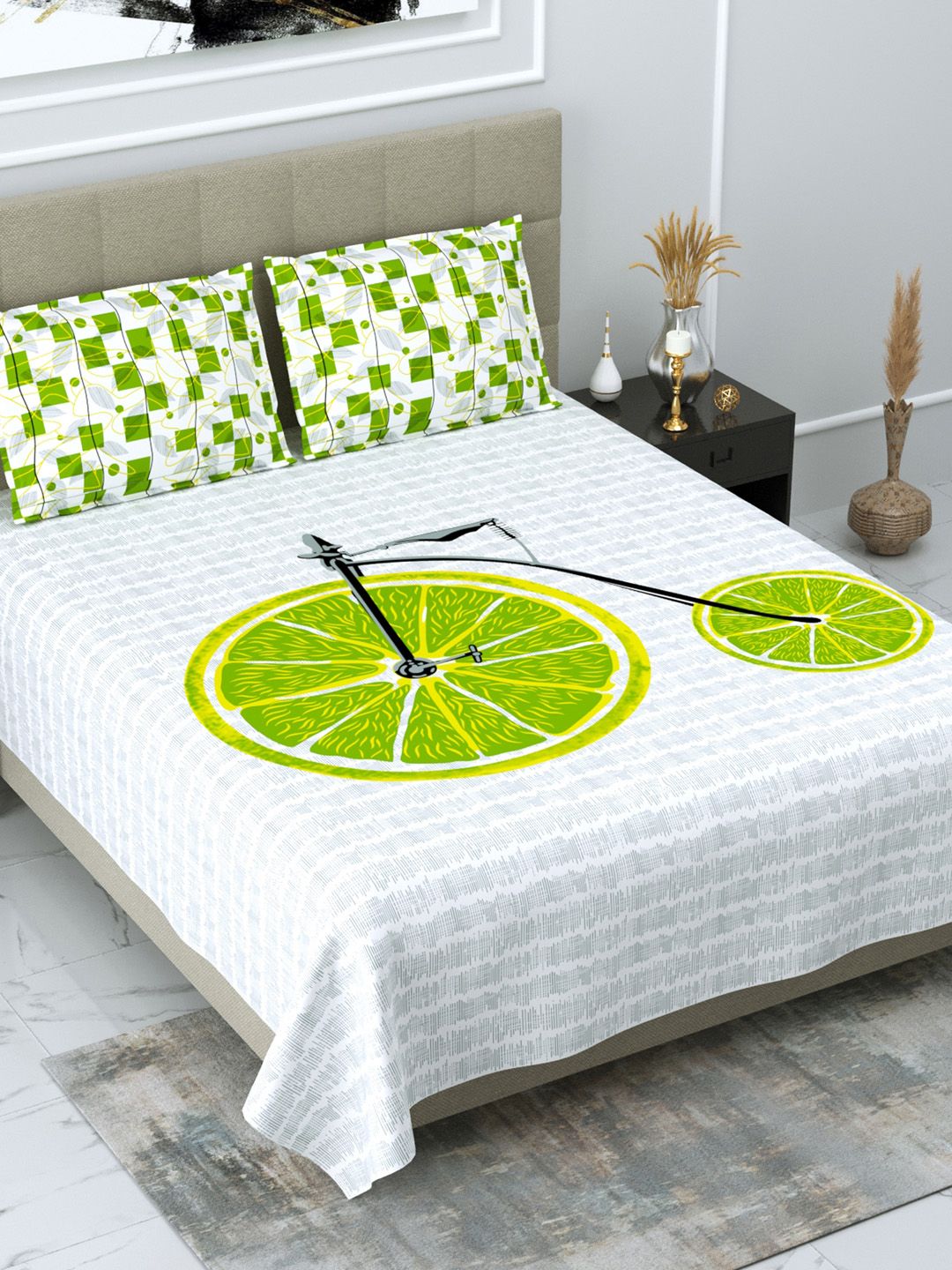 DREAM WEAVERZ White & Green Graphic Glazed Cotton 220 TC Cotton King Bedsheet with 2 Pillow Covers Price in India