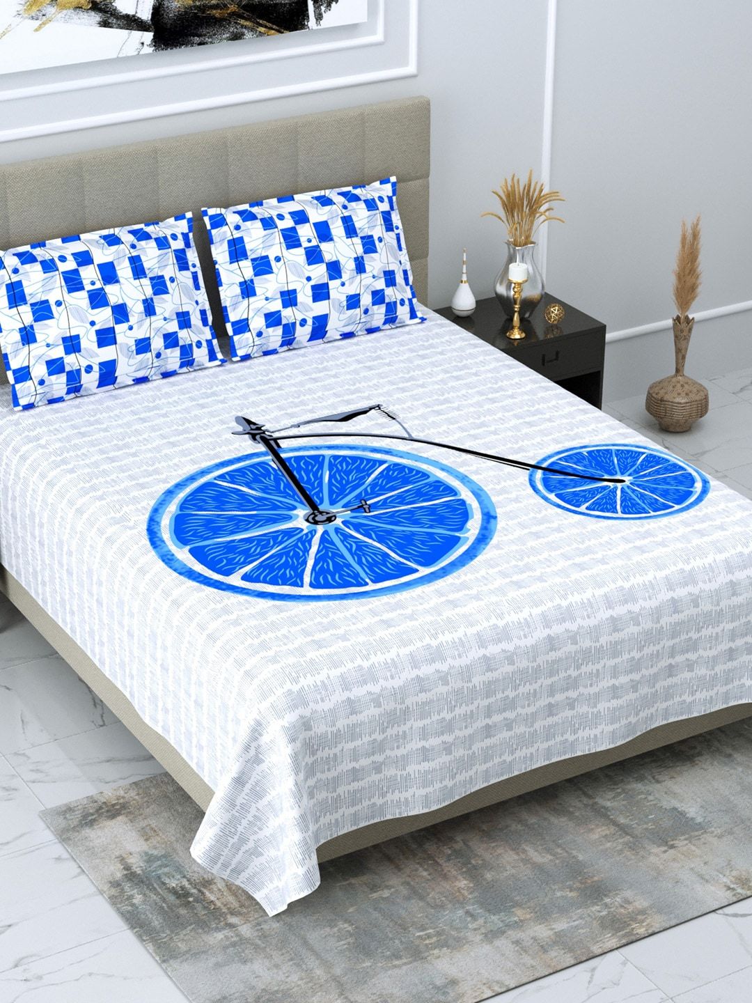 DREAM WEAVERZ White & Blue Glazed Cotton 220 TC Cotton King Bedsheet with 2 Pillow Covers Price in India