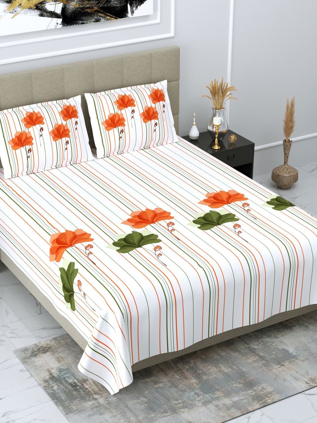 DREAM WEAVERZ White & Orange Floral Glazed Cotton 220 TC Cotton King Bedsheet with 2 Pillow Covers Price in India