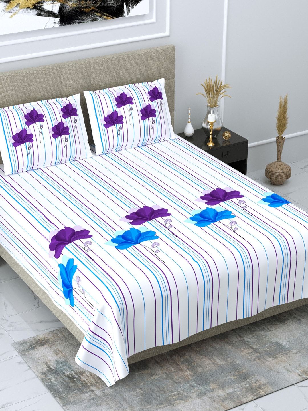 DREAM WEAVERZ White & Blue Striped Glazed Cotton 220 TC King Bedsheet with 2 Pillow Covers Price in India