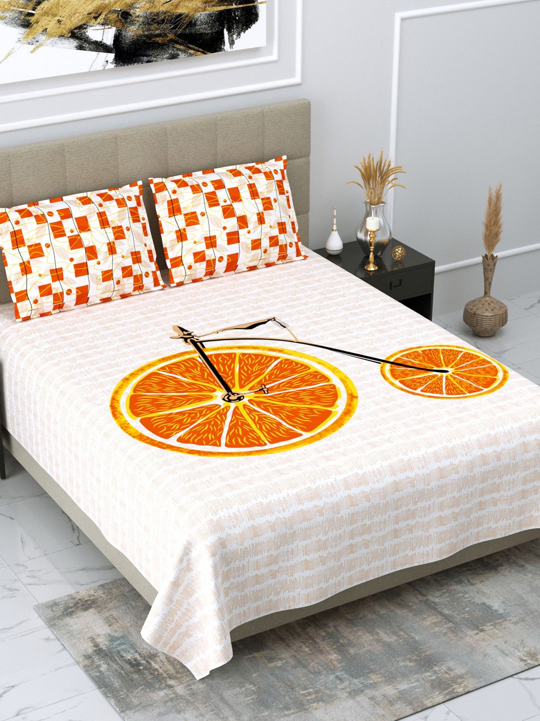 DREAM WEAVERZ White & Orange Graphic Glazed Cotton 220 TC King Bedsheet with 2 Pillow Covers Price in India