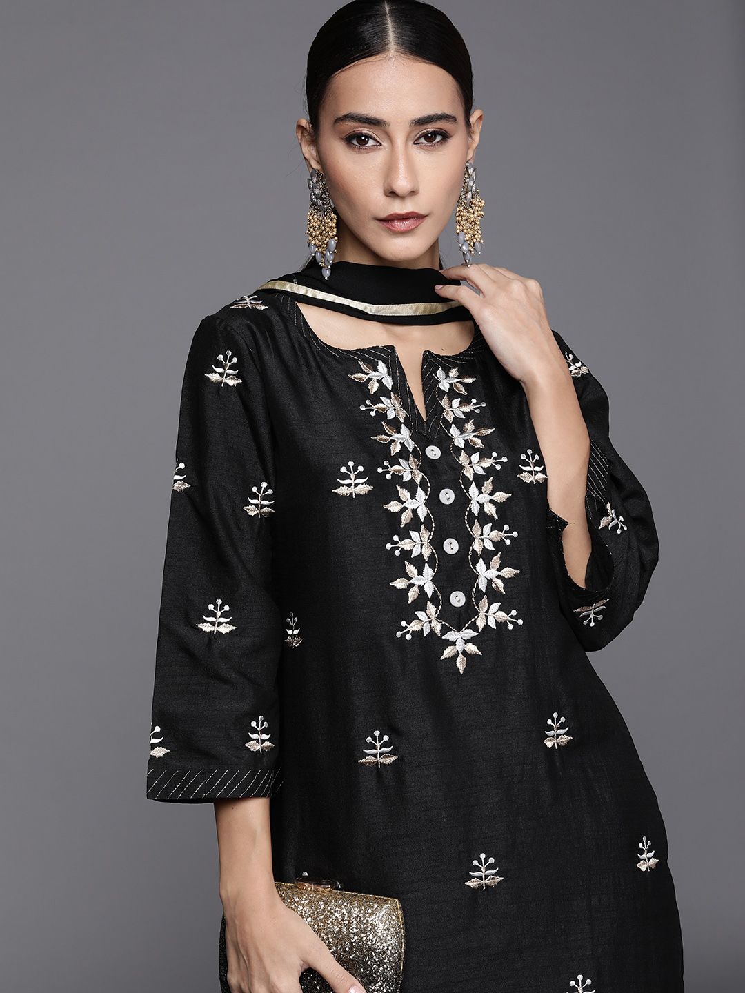 Libas Women Black Floral Embroidered Kurta with Palazzos & Dupatta Price in India