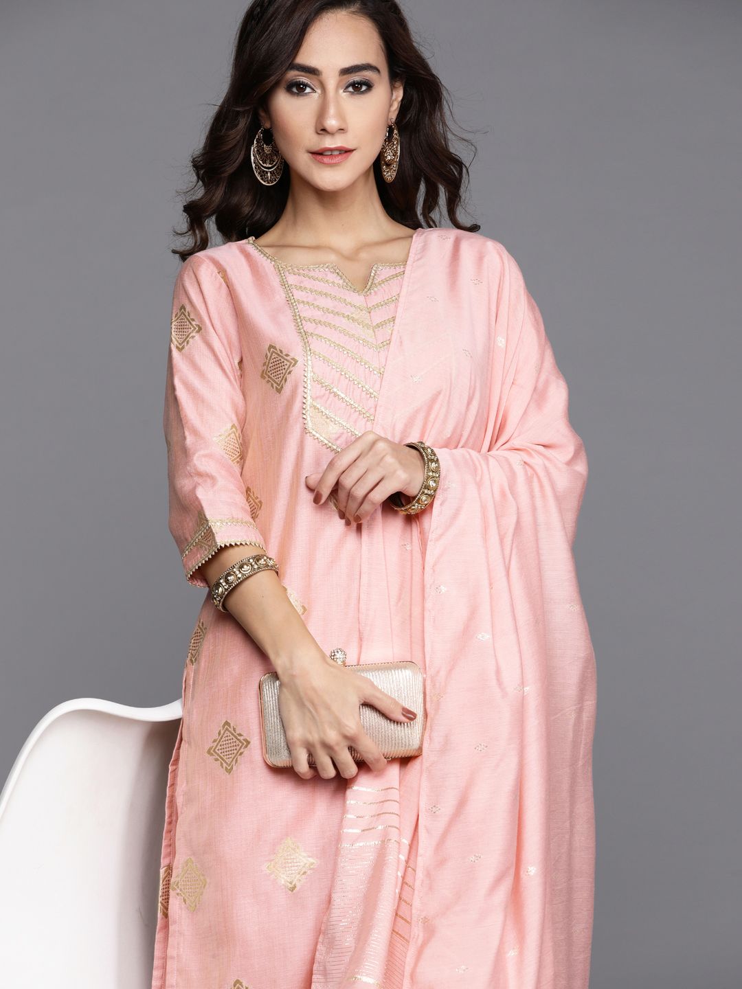 Libas Women Pink & Golden Woven Design Straight Kurta with Palazzos & Dupatta Price in India