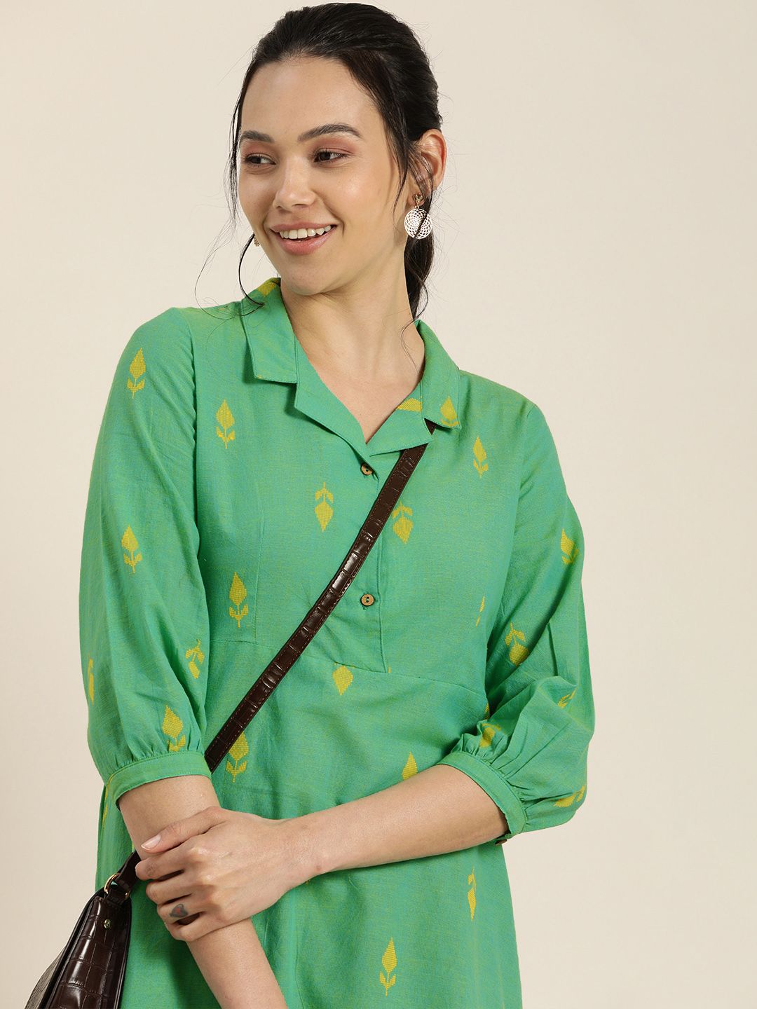 Taavi Green & Yellow Woven Legacy Shirt Collar Pure Cotton Sustainable Kurti Price in India