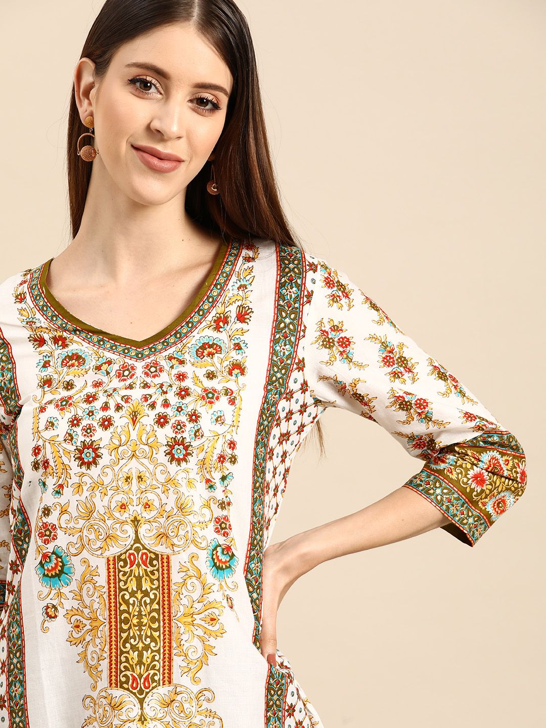 Anouk Women White & Yellow Ethnic Motifs Printed Pure Cotton Kurta