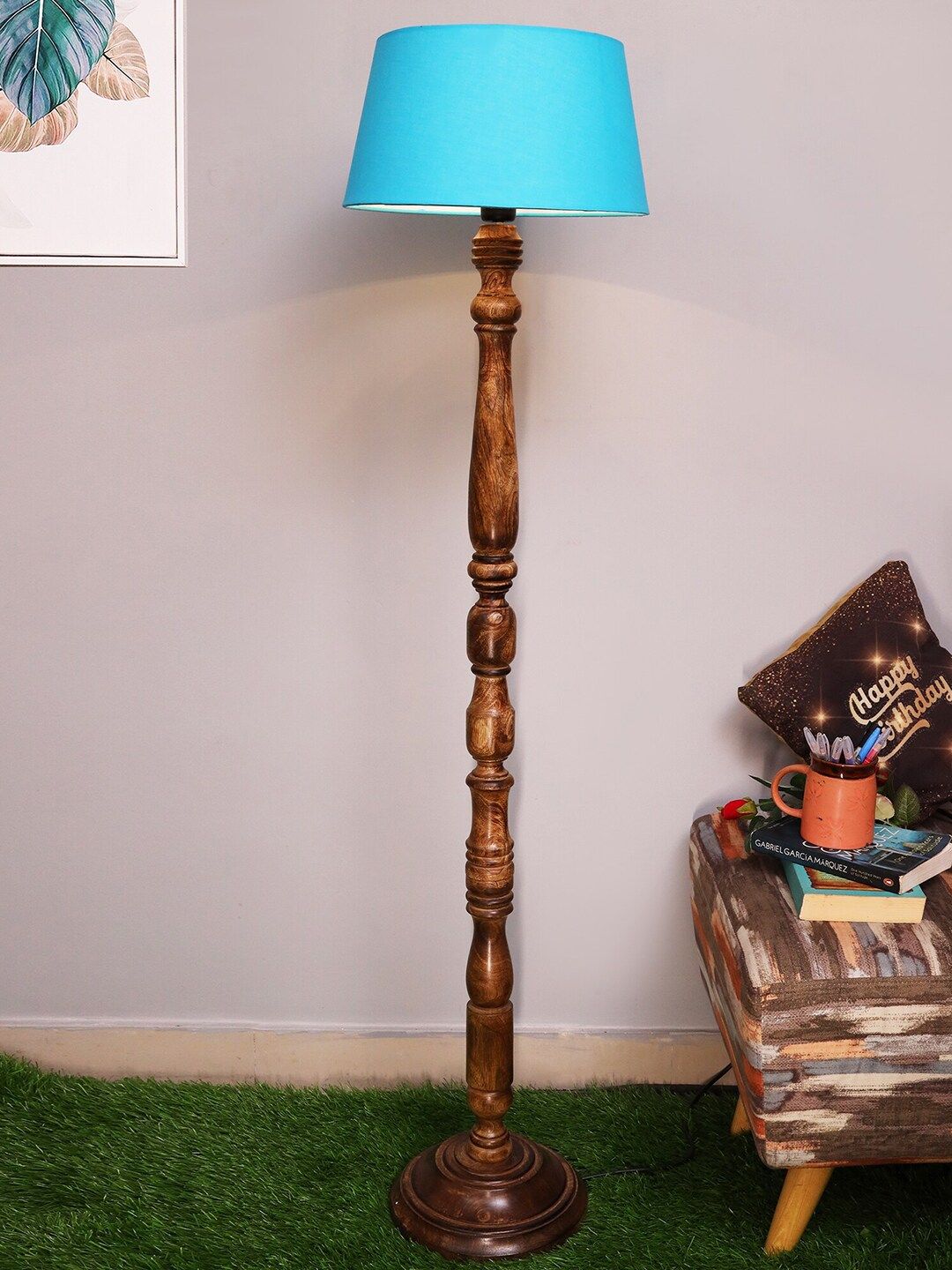 Homesake Turquoise Blue & Brown Contemporary Handcrafted Club Lamp with Shade Price in India