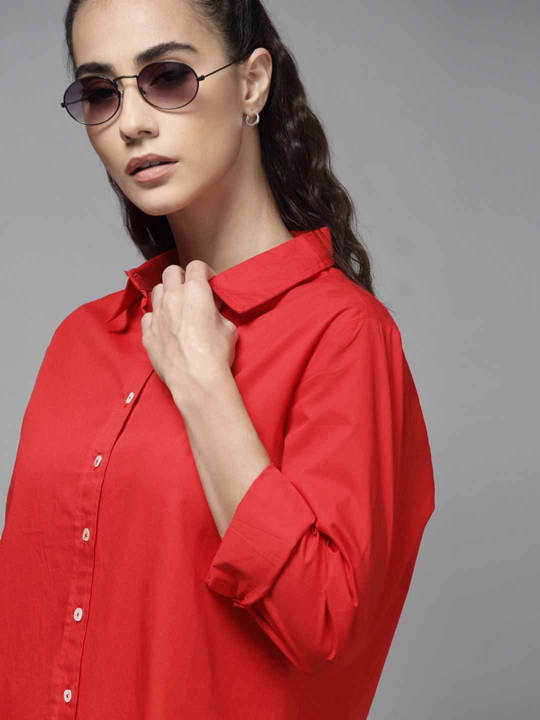 Roadster Women Red Pure Cotton High-Low Solid Casual Shirt