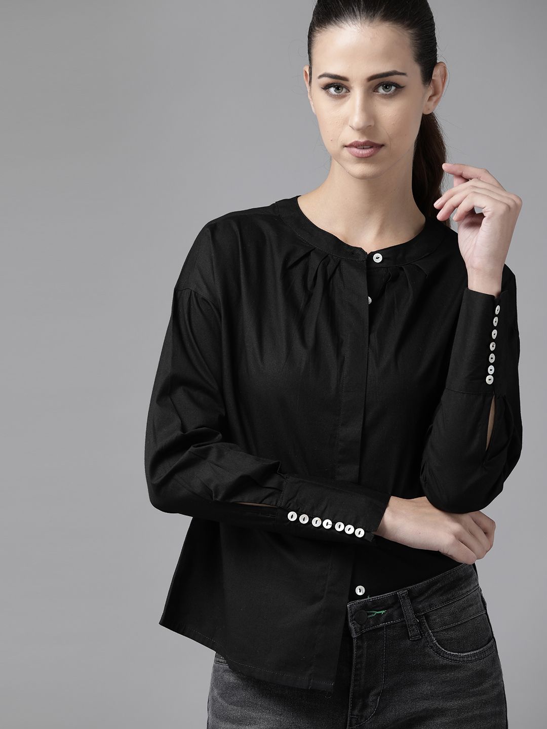 Roadster Women Black Pure Cotton Solid Casual Shirt