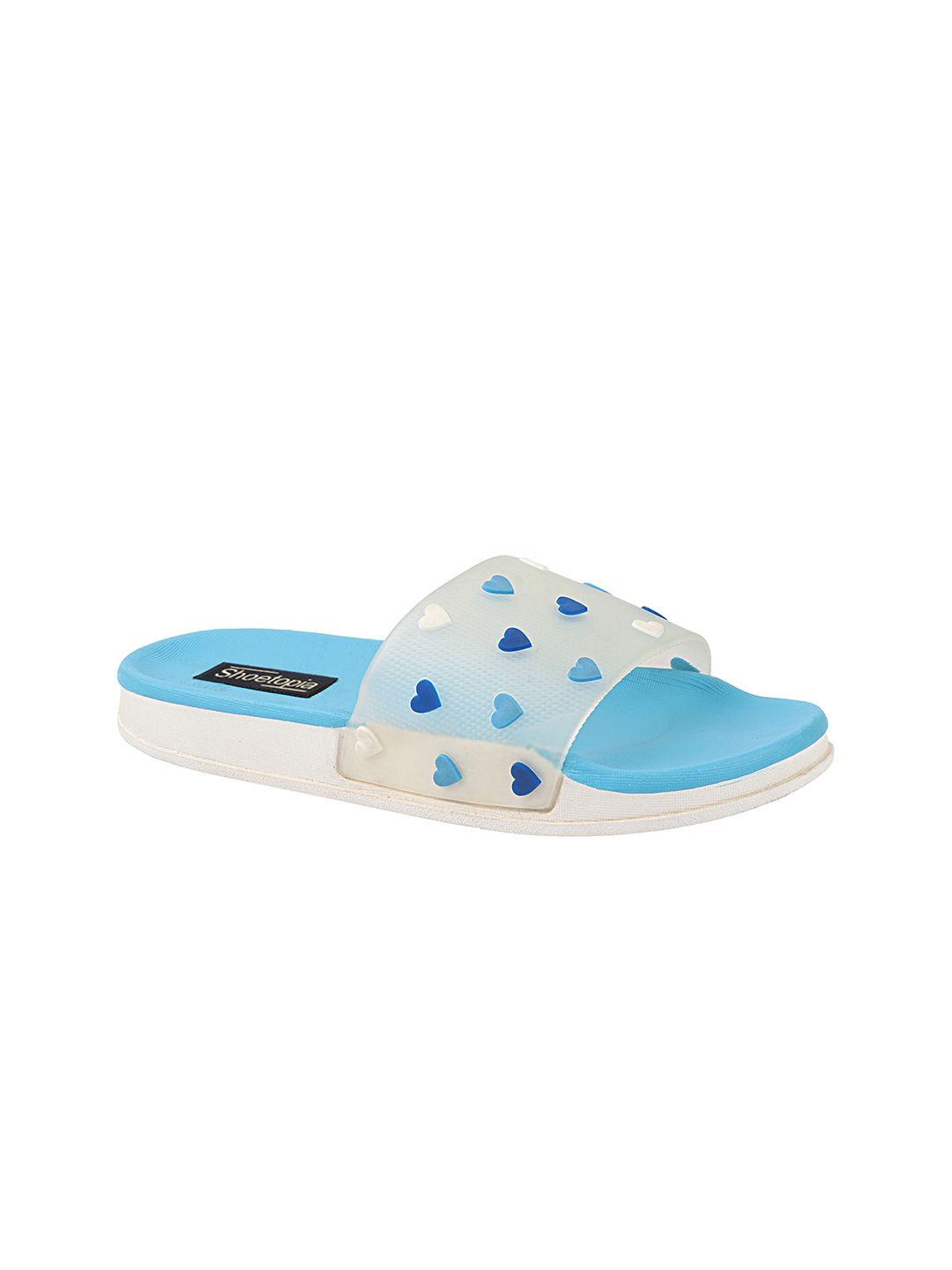 Shoetopia Women Off White & Blue Printed Rubber Sliders Price in India