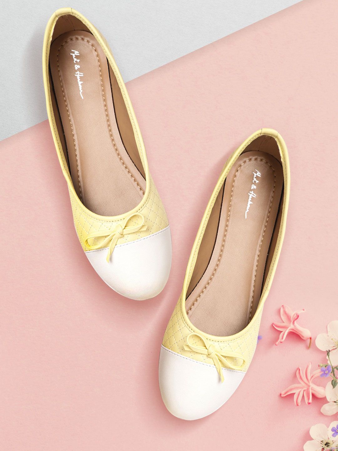 Mast & Harbour Women Yellow & White Quilted Ballerinas with Bows Detail Price in India