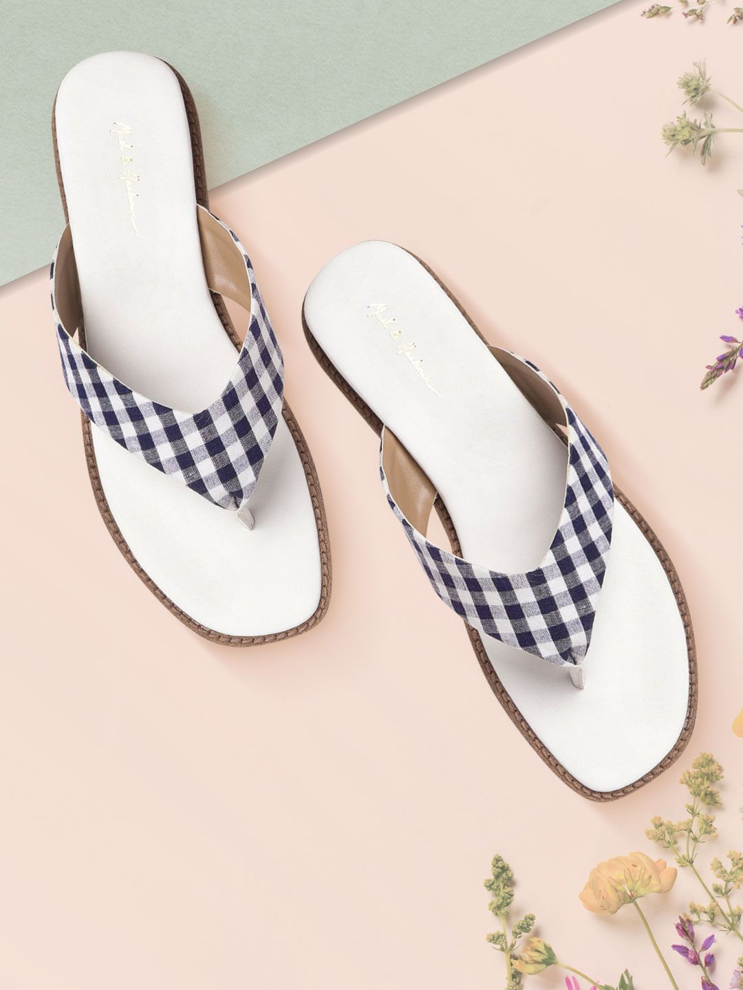 Mast & Harbour Women Navy Blue & White Checked Open Toe Flats Price in India