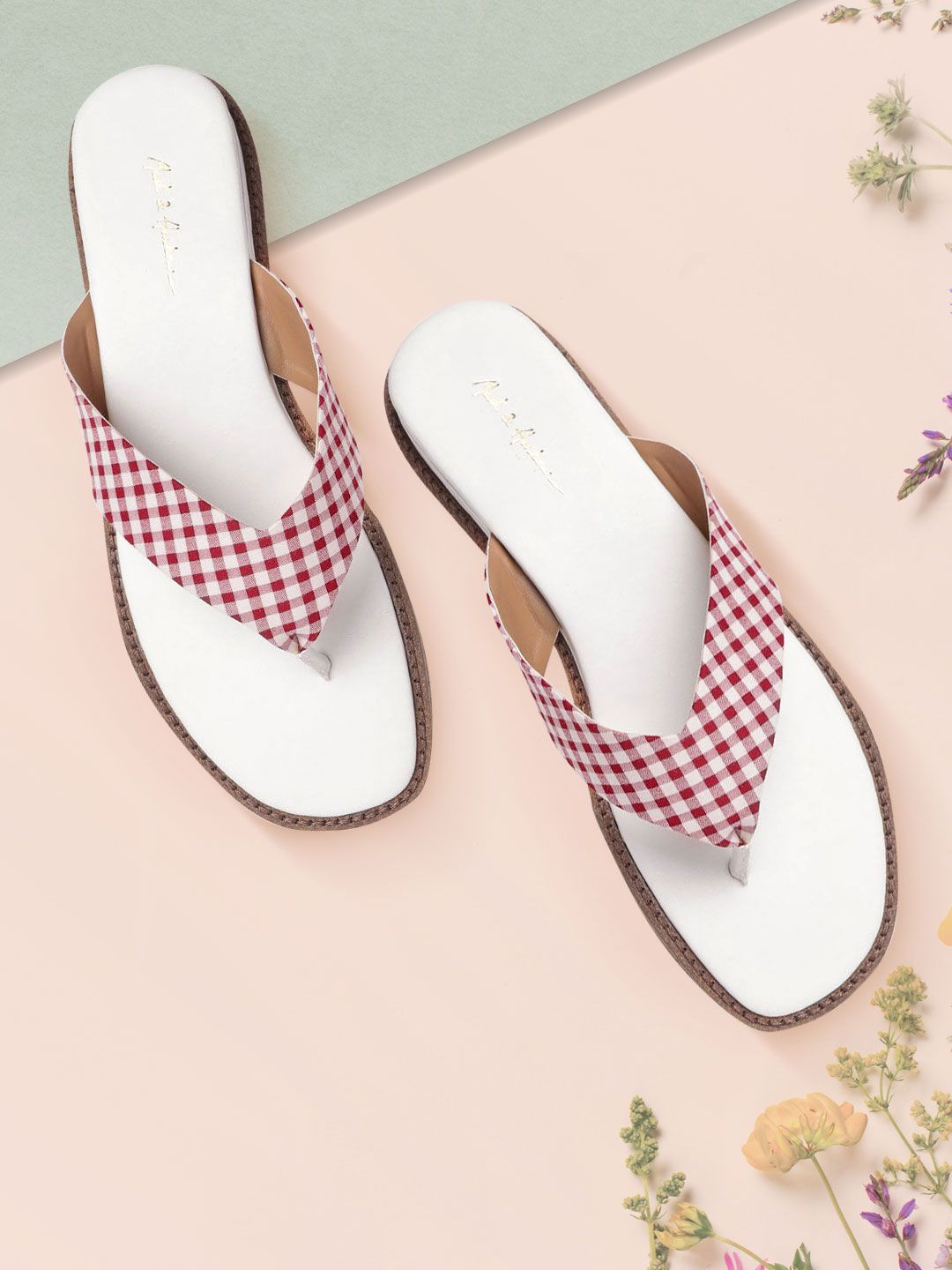 Mast & Harbour Women Maroon & White Checked Open Toe Flats Price in India