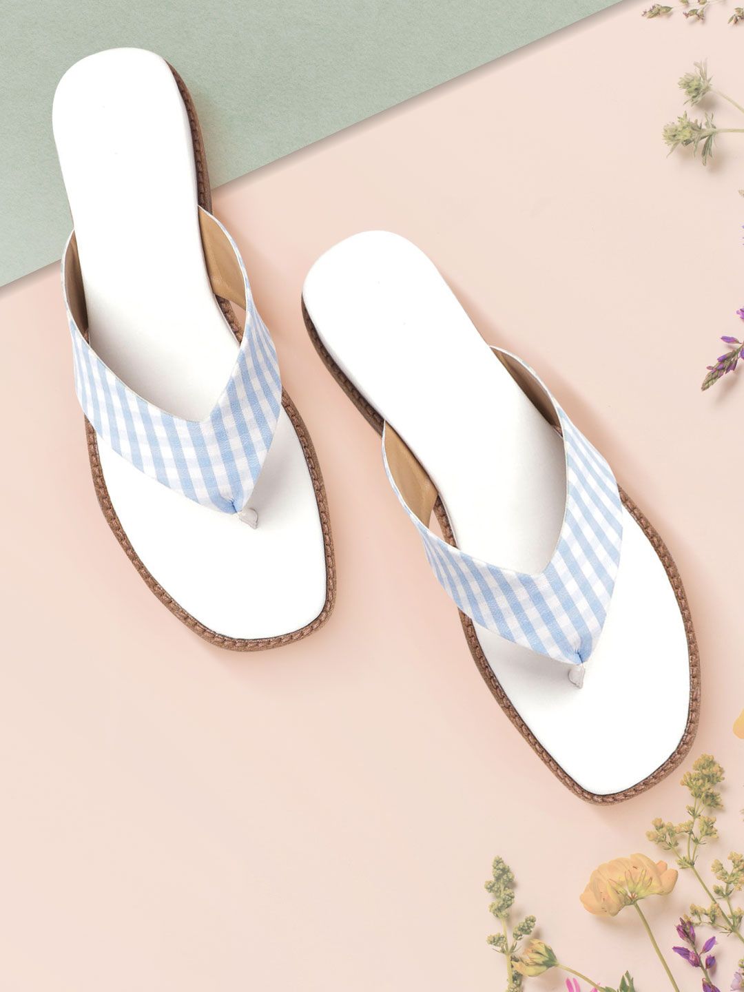 Mast & Harbour Women Blue & White Checked Open Toe Flats Price in India