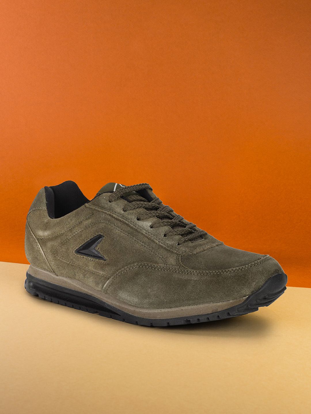 Power Men Olive Green Leather Running Non-Marking Shoes