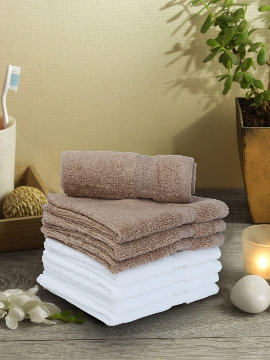 BIANCA Brown & White Set of 8 Solid 500 GSM Cotton Face Towels Price in India