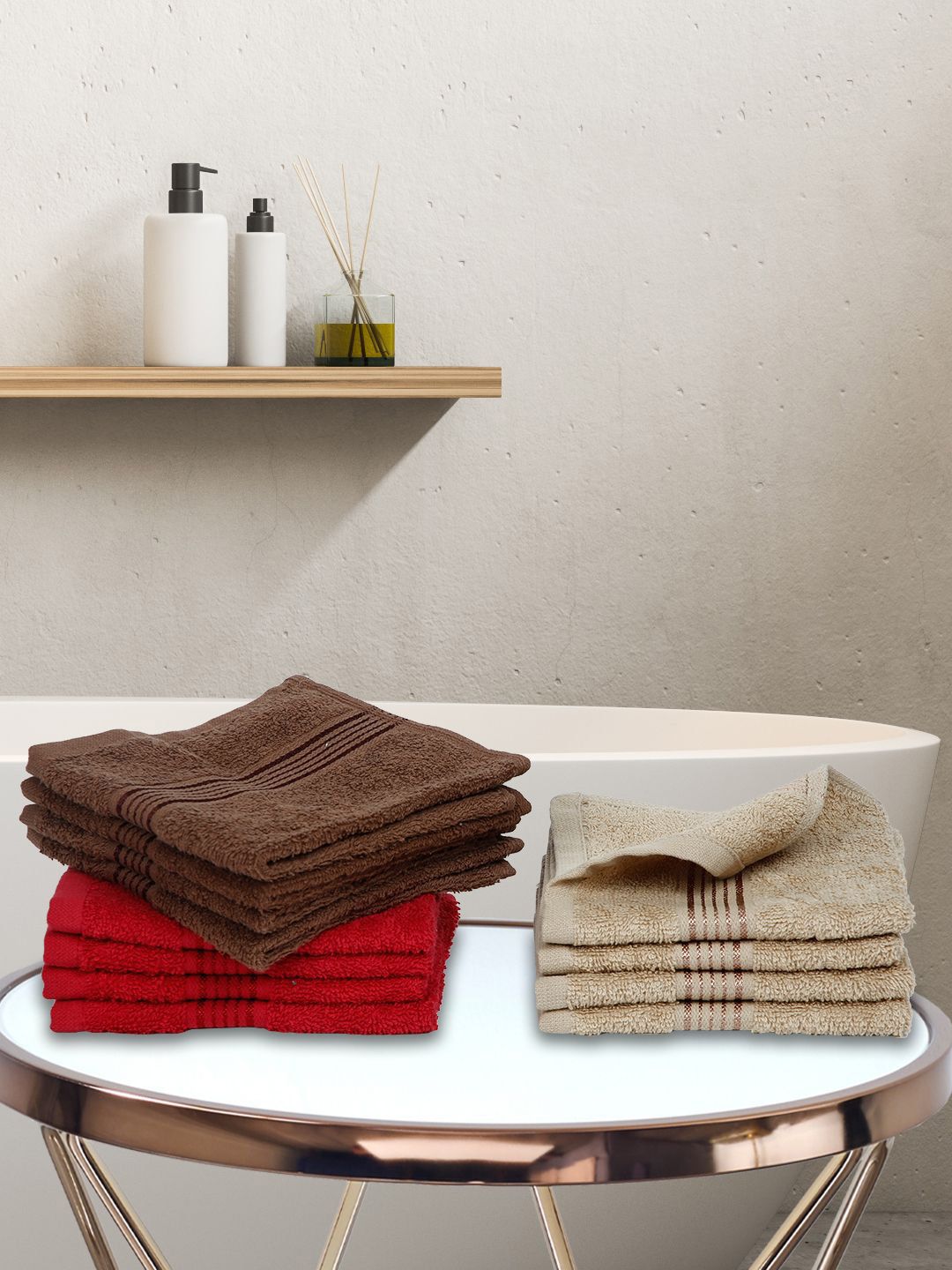 BIANCA Red & Brown Set of 12 Striped 380 GSM Cotton Face Towels Price in India