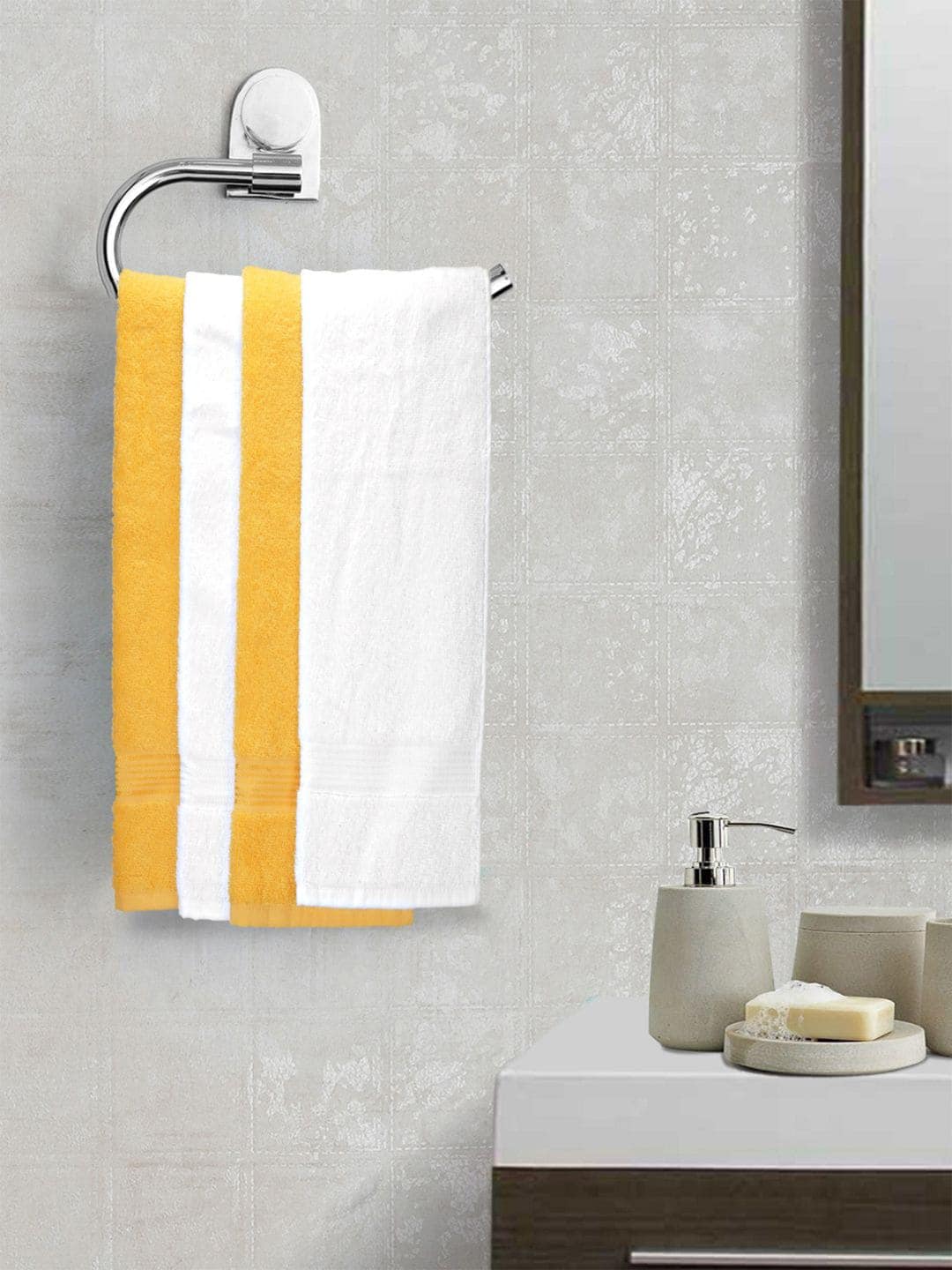 BIANCA Yellow & White Set of 4 Solid 380 GSM Cotton Hand Towels Price in India