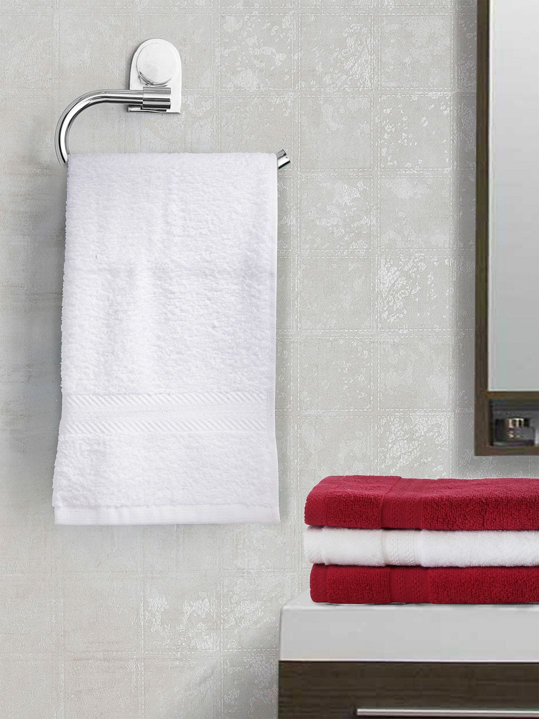 BIANCA Set Of 4 White & Red Solid 380 GSM Pure Combed Cotton Terry Hand Towels Price in India