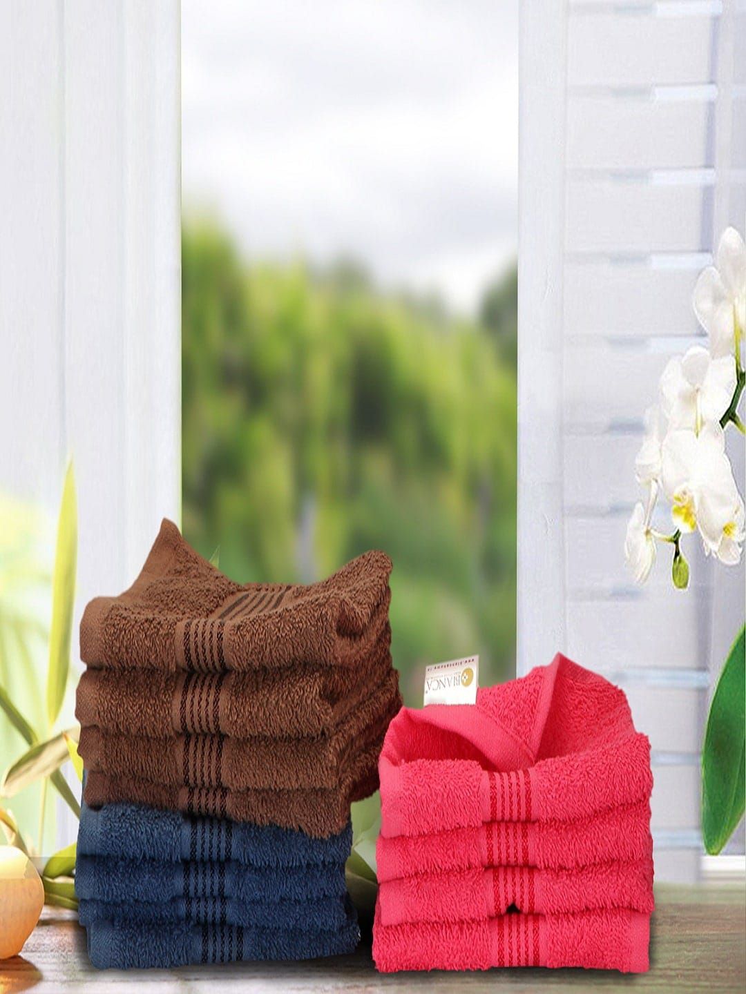 BIANCA Blue & Brown Set of 12 Solid 380 GSM Cotton Face Towels Price in India