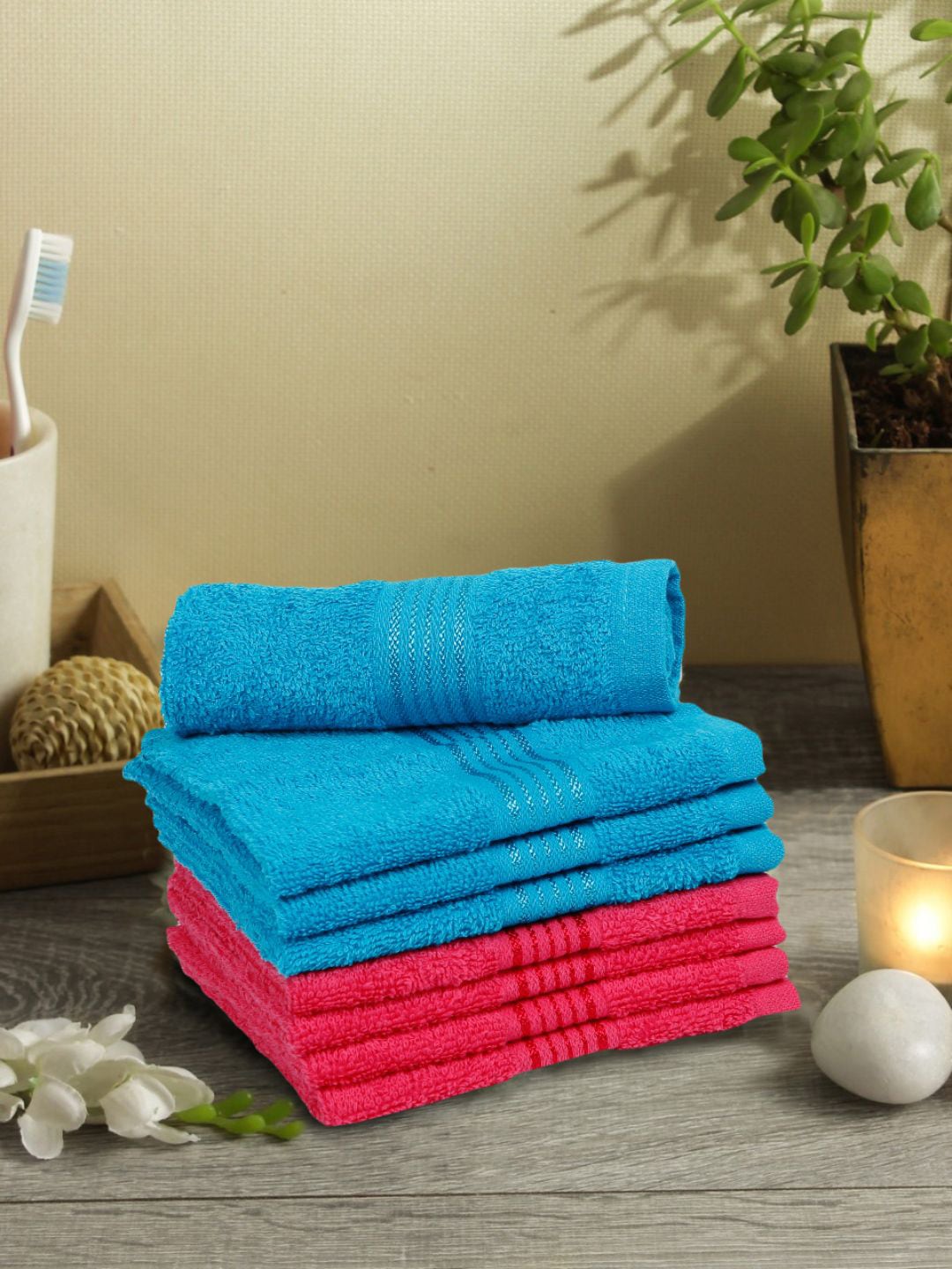 BIANCA Turquoise Blue & Pink Set of 8 Solid 380 GSM Cotton Face Towels Price in India