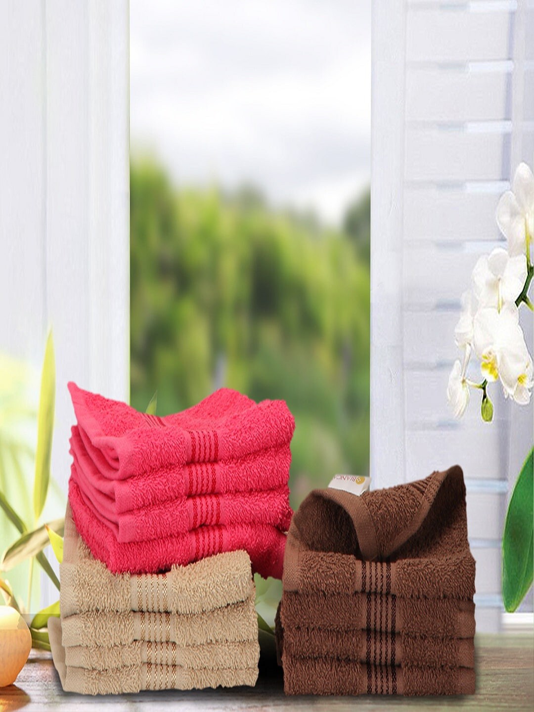 BIANCA Pink & Brown Set of 12 Solid 380 GSM Cotton Face Towels Price in India