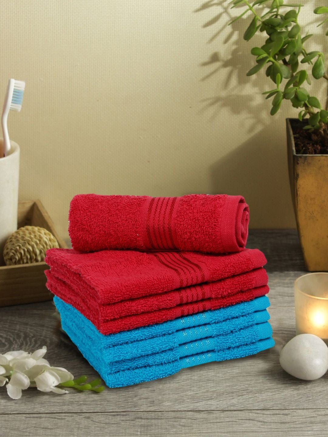 BIANCA Red & Blue Set of 8 Solid 380 GSM Cotton Face Towels Price in India
