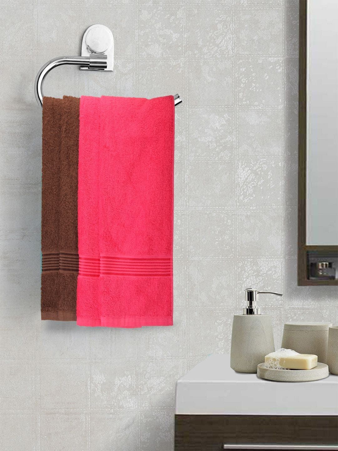 BIANCA Pink & Brown Set of 4 Solid 380 GSM Cotton Hand Towels Price in India