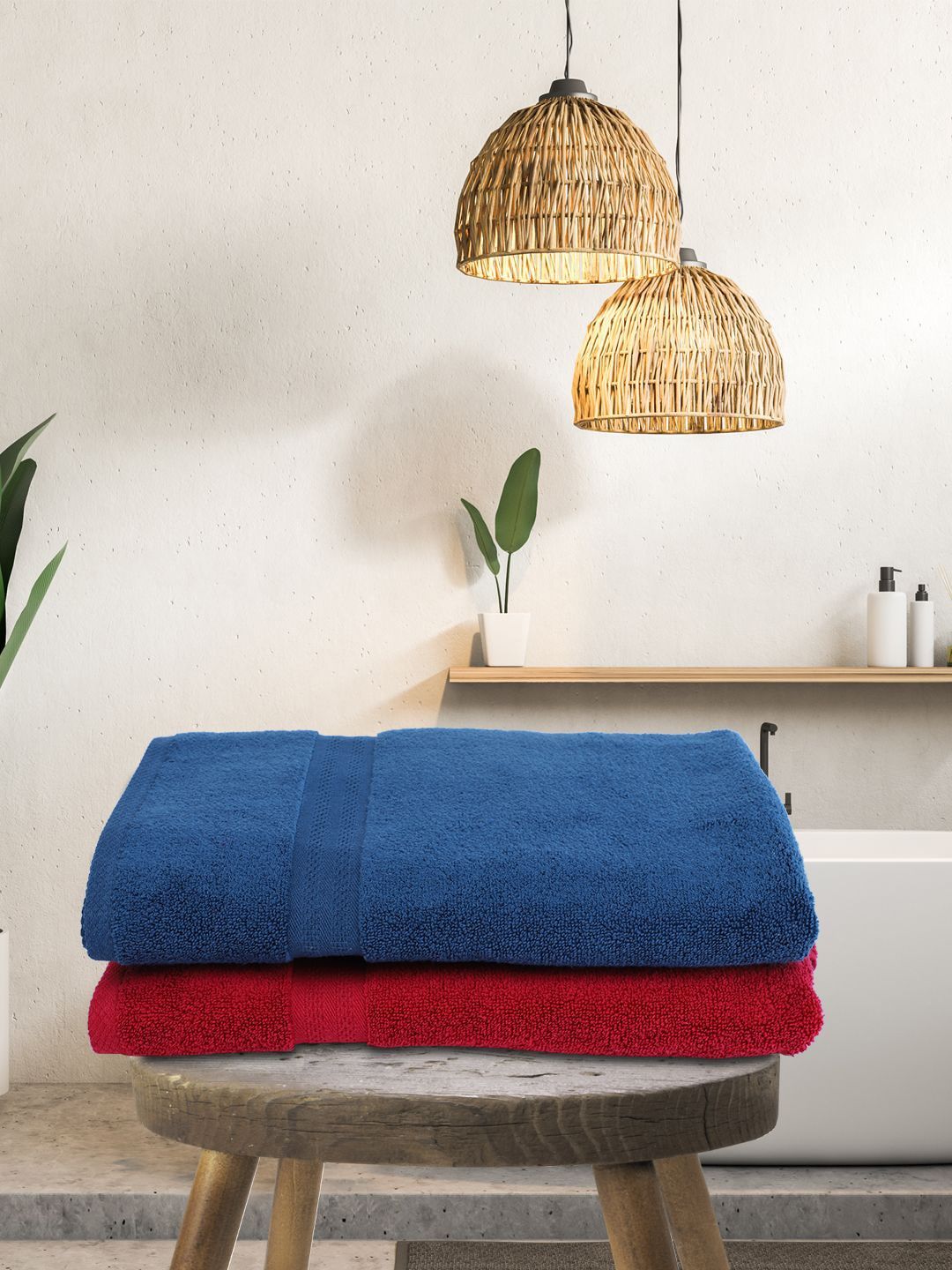 BIANCA Navy Blue & Red Set of 2 Solid 500 GSM Cotton Bath Towels Price in India