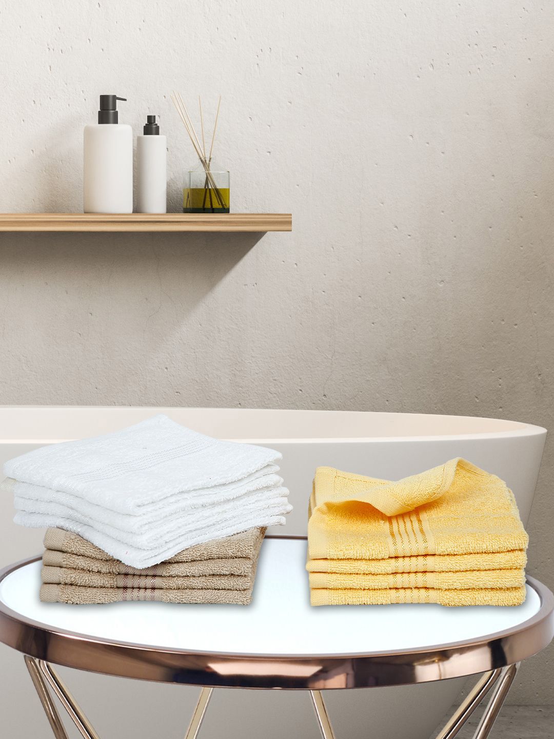 BIANCA White & Yellow Set of 12 Solid 380 GSM Cotton Face Towels Price in India