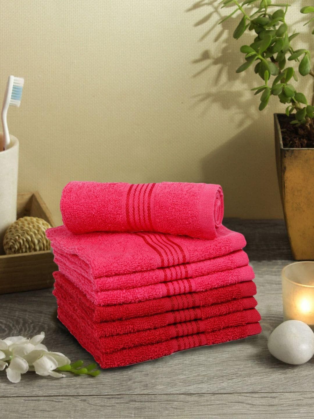 BIANCA Pink & Red Set of 8 Solid 380 GSM Cotton Face Towels Price in India