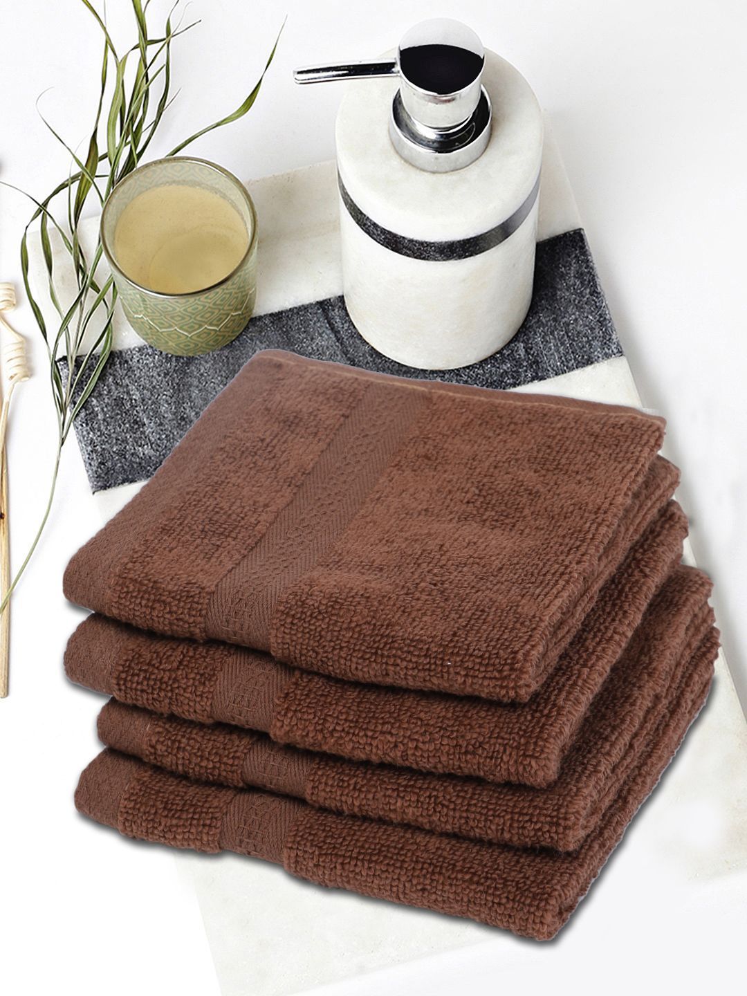 BIANCA Unisex Set Of 4 Brown Solid 500 GSM Zero-Twist Pure Cotton Ultra-Fluffy Face Towels