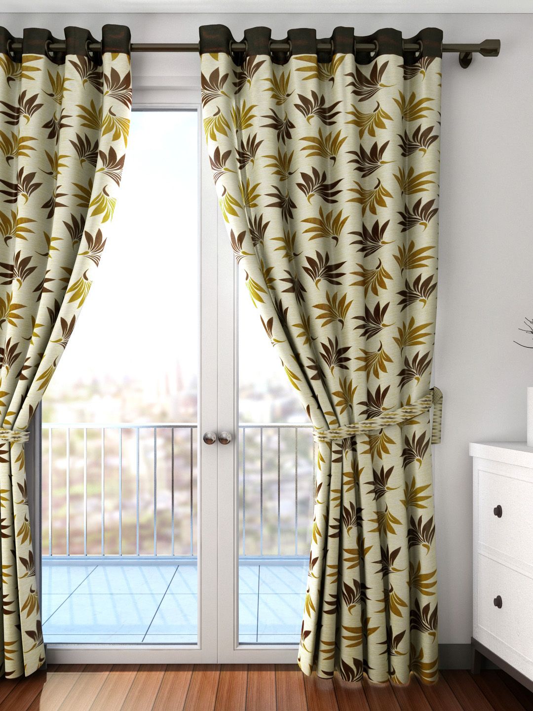 Cortina Beige & Brown Single Leaf Print Long Door Curtain Price in India