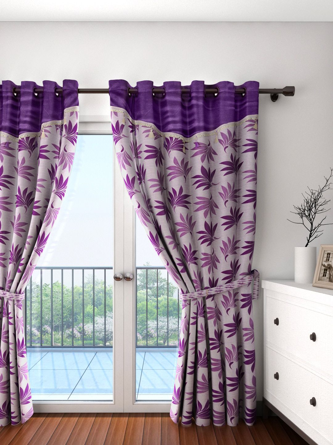 Cortina Purple Leaf Print Single Door Curtain Price in India