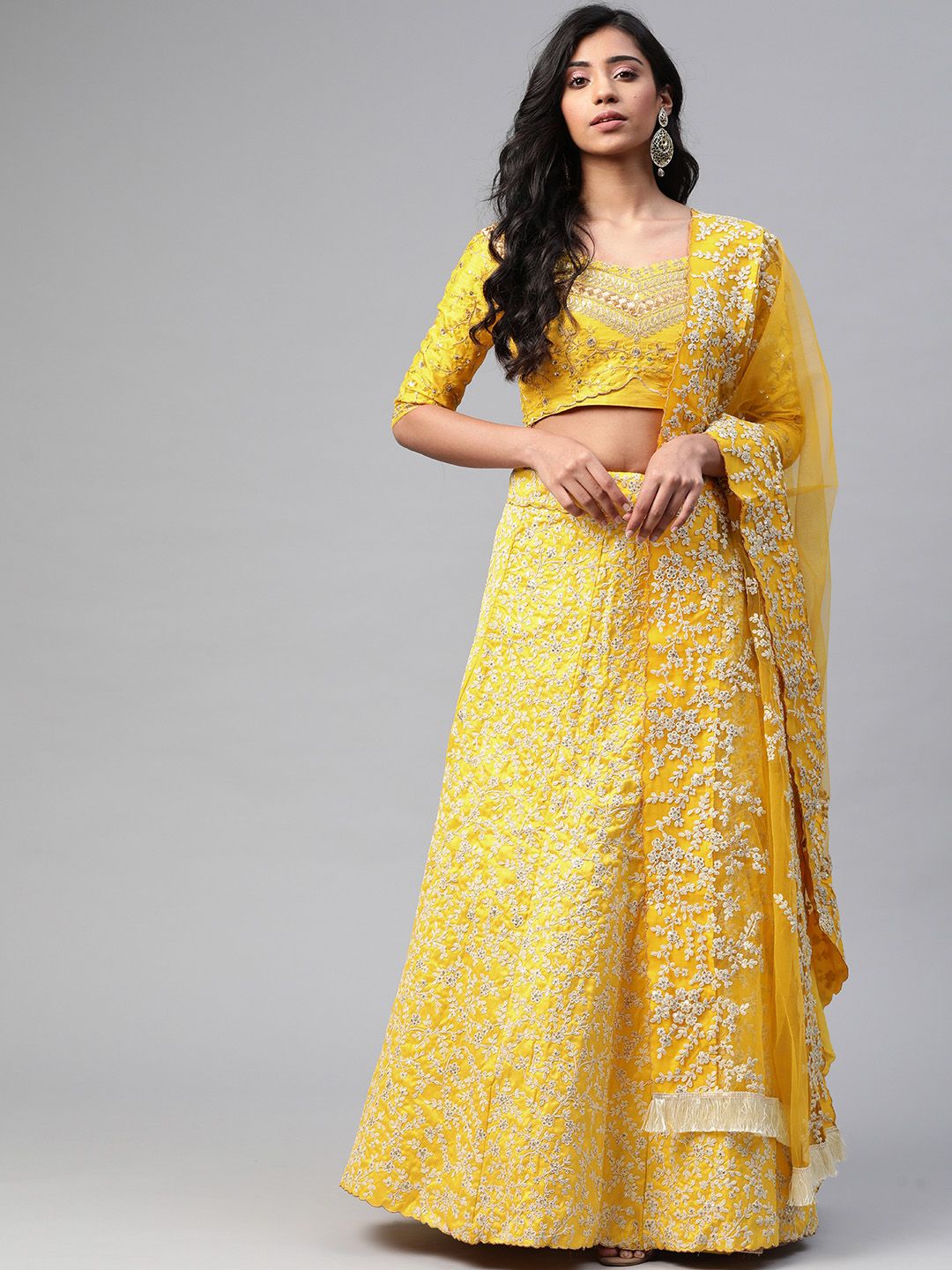 SHUBHVASTRA Yellow & Gold-Toned Embroidered Sequinned Semi-Stitched Lehenga & Unstitched Blouse With Dupatta Price in India