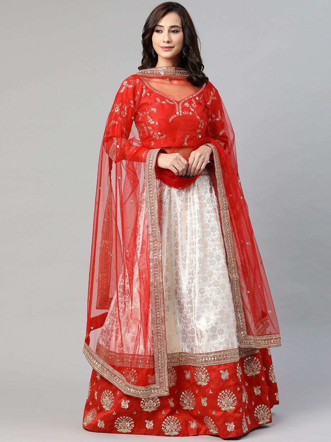 SHUBHVASTRA Red & Beige Embellished Semi-Stitched Lehenga & Unstitched Blouse With Dupatta Price in India